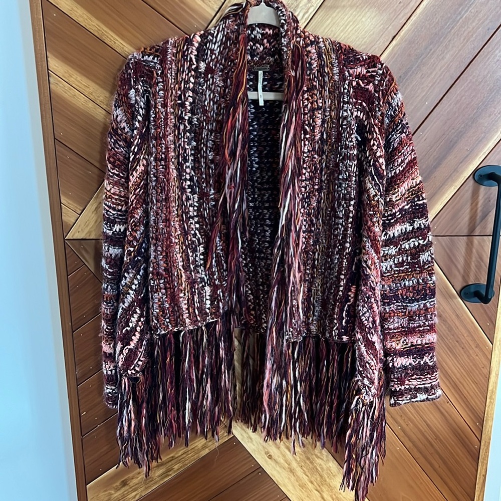 Free People open front sweater w/fringe,Gorgeous, colorful gently used, sz.Small